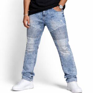 Southpole Denim Jeans Mens Size 44 Stretch Blue Acid Wash Moto Ribbed Distressed